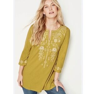 J Jill XL Sour Apple Green Embroidered Split Neck Tunic Top 3/4 Sleeve